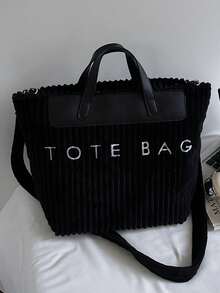 Bolso de mano de mujer de pana de unicolor con gran capacidad y parches - Negro - Ver 10