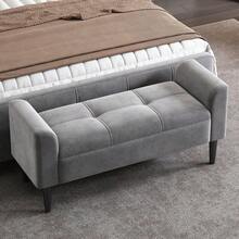 Upholstered Benches With Armrests, Bed Benches, Bed Stools, Bedroom Benches, Piano Benches, Dining Benches With Plaid Pattern, Velvet, MDF, Grey - Gray + Velvet - View 6