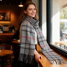 1件装男女通用黑白灰条纹格子仿羊绒围脖，轻薄围巾/头巾，适合外出、团购、旅行、送礼，春秋季适用 - 條紋灰色 - 查看 5