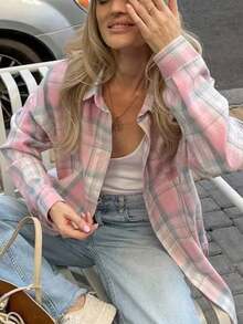 Women's Casual Plaid Flannel Long Sleeve Shirt, Spring/Autumn - Pink - View 5