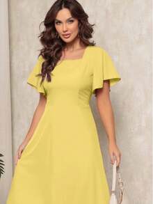 Women's Midi Dress With Short Sleeves, Princess Style, Elegant - 黃色的 - 查看 4