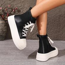 Women's High-Top Sneakers, Thick Sole, Hidden Wedge Heel, Niche Design, Casual Boots, Lace-Up, Metal Eyelets, Indoor/Outdoor