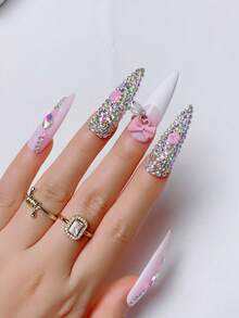 10Pcs Handmade Press On Nails Kit Long Almond Transparent White Yellow Purple Wave Point Flower Bling Glitter Glistening Iridescent Luxurious Rhinestone Decor Japanese Style - Multicolor - View 3