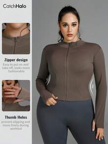 Plus Size Slim Fit Lightweight Yoga Jacket With Thumb Holes And Funnel Neck, Suitable For Gym, Running, Cycling And Everyday Wear