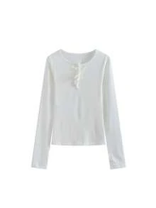 女士蝴蝶结修身针织长袖T恤，秋季款 - 白色 - 查看 4