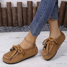 Mocasines planos con flecos para mujer, nuevos de 2025 en unicolor, de ante con cuentas y suela blanda tipo slip-on - Marrón - Ver 3