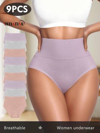 MEIYATING 9件装女士高腰无缝塑身内裤，花卉提花设计