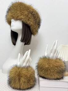 人造毛皮发箍和耳套套装 | 弹力蓬松狐狸毛波西米亚风发饰，女士适用 | 冬季节日派对头饰（1 套）蓬松发箍、毛绒耳罩、冬季发带、波西米亚风配饰、节日装备、情人节礼物