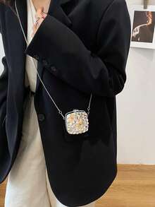 New Fashionable Niche Design Mini Bow Versatile Lipstick Earbud Coin Purse Women's Chain Shoulder Crossbody Bag (Handmade, Random Color, Quantity And Position Of Rhinestones) - Silver - View 4