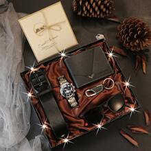 7 件男士经典时尚休闲百搭手表、钱包、皮带、太阳镜、钥匙扣、LED 灯、贺卡礼品套装，带礼盒，非常适合节日、生日、父亲节、日常配饰