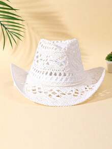 1pc Rope Decor Solid Hollow Out Straw Hat, Casual Colorblocked Windproof Cowgirl Hat, Beach Hat Outdoor - Beige - View 5