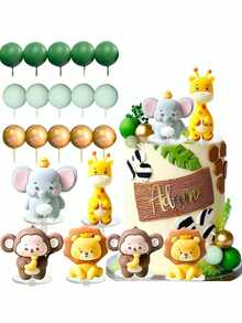 19 Pcs Animal Cake Decorations Lion Elephant Giraffe Monkey Green Gold Foam Balls Suitable For Wild Animal Theme Birthday Cake Decorations Jungle Animal Cake Decorations Christening Cake Decorations(Please Use A Tray And White Tubing; The Ball Surface Should Not Come Into Direct Contact With The Cake.)
