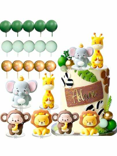 19 Pcs Animal Cake Decorations Lion Elephant Giraffe Monkey Green Gold Foam Balls Suitable For Wild Animal Theme Birthday Cake Decorations Jungle Animal Cake Decorations Christening Cake Decorations(Please Use A Tray And White Tubing; The Ball Surface Should Not Come Into Direct Contact With The Cake.)