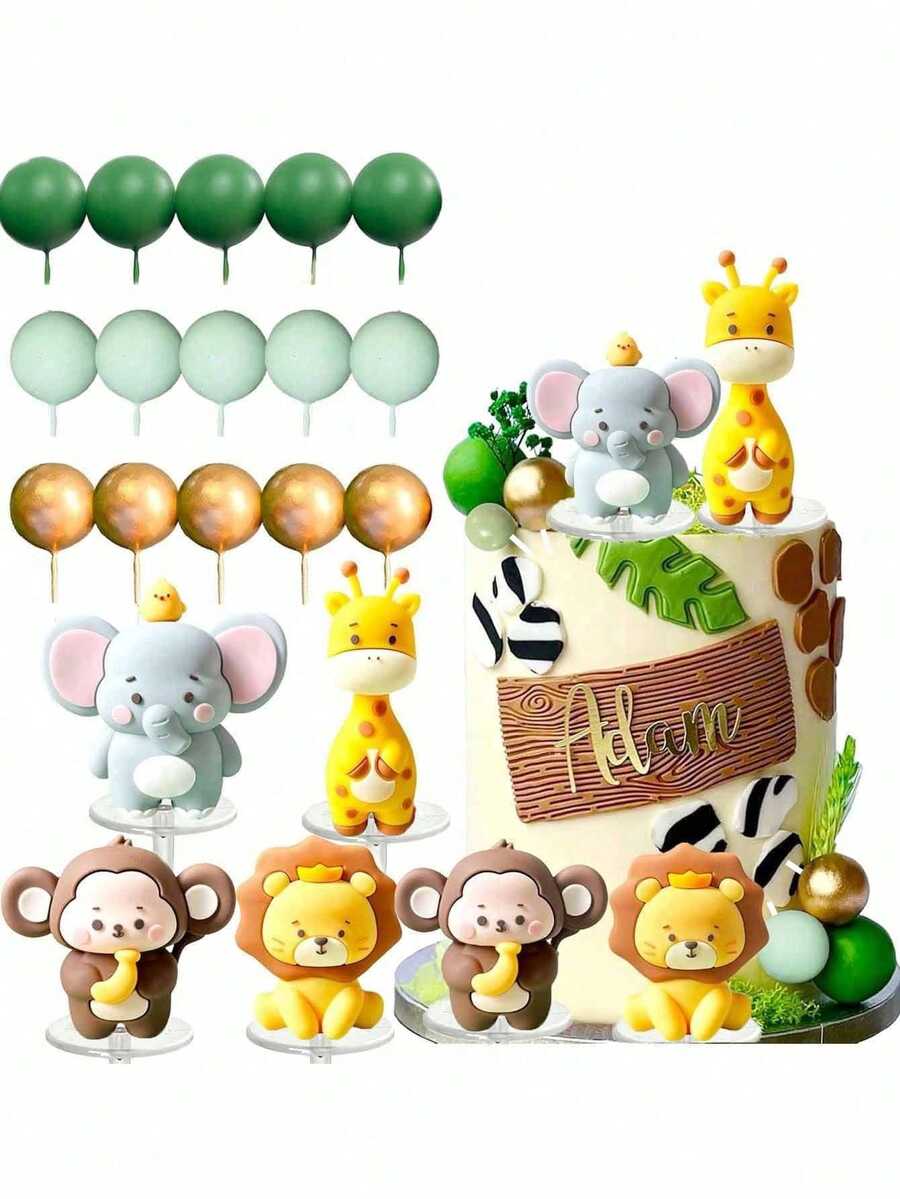 19 Pcs Animal Cake Decorations Lion Elephant Giraffe Monkey Green Gold Foam Balls Suitable For Wild Animal Theme Birthday Cake Decorations Jungle Animal Cake Decorations Christening Cake Decorations(Please Use A Tray And White Tubing; The Ball Surface Should Not Come Into Direct Contact With The Cake.)