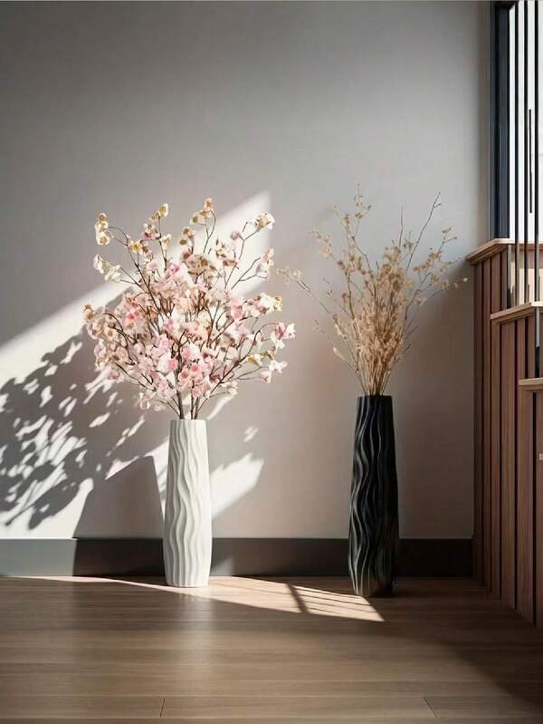 1 Floor-Standing Large Vase, Simple Hydroponic Plastic Imitation Ceramic White And Black European-Style Home Dried Flower Display, Living Room Decoration, Plastic Vase Is Strong And Not Easy To Break, Decorative Display Vase, Halloween Decoration