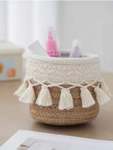 Chic Tasseled Storage Basket For Home Office And Living Room - Minimalist Retro Desk Organizer And Cosmetic/Makeup Storage, Pen Holder, Jewelry And Small Item Organizer, Woven Indoor Decorative Basket For Tidy Spaces, Multipurpose Utility For Vanity, Study Desk, Craft Room, And Gift Ideas For Spring Festival, Lightweight Design, Soft-Tone Decor, Versatile Storage Solution For Office Supplies, Accessories, And Personal Care Products - Multicolor - View 10