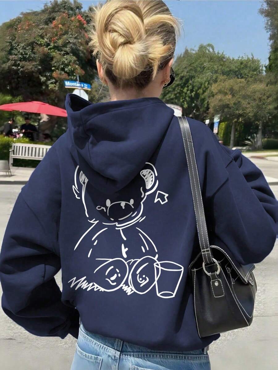 Tween Girls Casual Floral Print Thermal Lined Sweatshirt, Autumn - Navy Blue - View 1