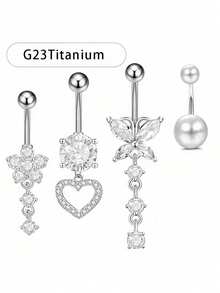 4pcs G23 Titanium Navel Rings Set, Cubic Zirconia Heart, Butterfly & Flower Shaped Navel Rings/Studs, Suitable For Women's Daily Wear - 4-piece Set - View 16