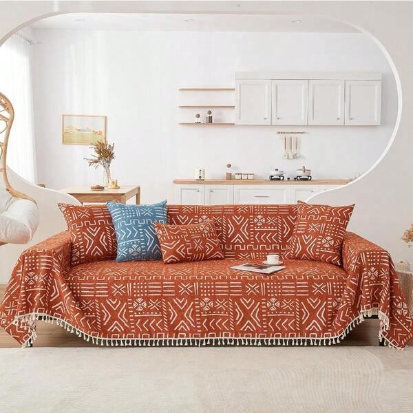 Boho  Sofa Slipcovers For Sofa Couch Farmhouse Geometric Couch Protector For Dogs With Tassel Brick Orange Dog Couch Cover Sectional Sofa Cover Bohemian Decor For Sofa 71" X118"