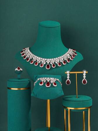 4pcs Luxury Copper AAA Cubic Zirconia Red Gemstone Tassel Pendant Necklace, Bracelet, Earrings, Ring Jewelry Set, Suitable For Women's Party, Evening, Bride, Wedding, Valentine's Day Gift For Girlfriend