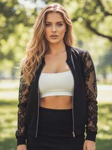 Women  Baseball Jacket Patchwork Lace Long Sleeve Zip-Up Bomber Coat For Winter Fall