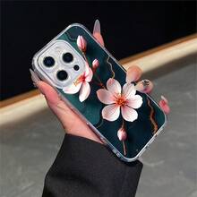 CLEAR  CASE Pink Blossoms On Dark Marble BackgroundCompatible With  11 To  17 Models The Cases Lens Protection Function Ensures The Camera Remains Undamaged During Shooting  Guaranteeing Image Quality - transparente - Ver 1