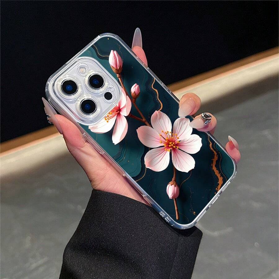 CLEAR CASE Pink Blossoms On Dark Marble BackgroundCompatible With 11 To 17 Models The Cases Lens Protection Function Ensures The Camera Remains Undamaged During Shooting Guaranteeing Image Quality - transparente - Ver 1