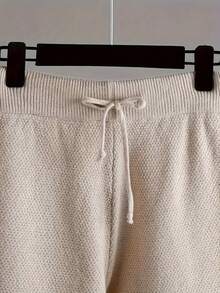 Women's Loose Solid Color Knitted Two Piece Set (Spring Thin) - Round Neck Long Sleeve Irregular Hem Autumn/Winter Sweatshirt And Wide Leg Pants With Split Cuffs, Comfortable Casual Wear, Casual Sportswear, Casual Knitted Set, Women's Thin Knitted Sweater Set, Women's Sportswear Set - 杏色 - 查看 4