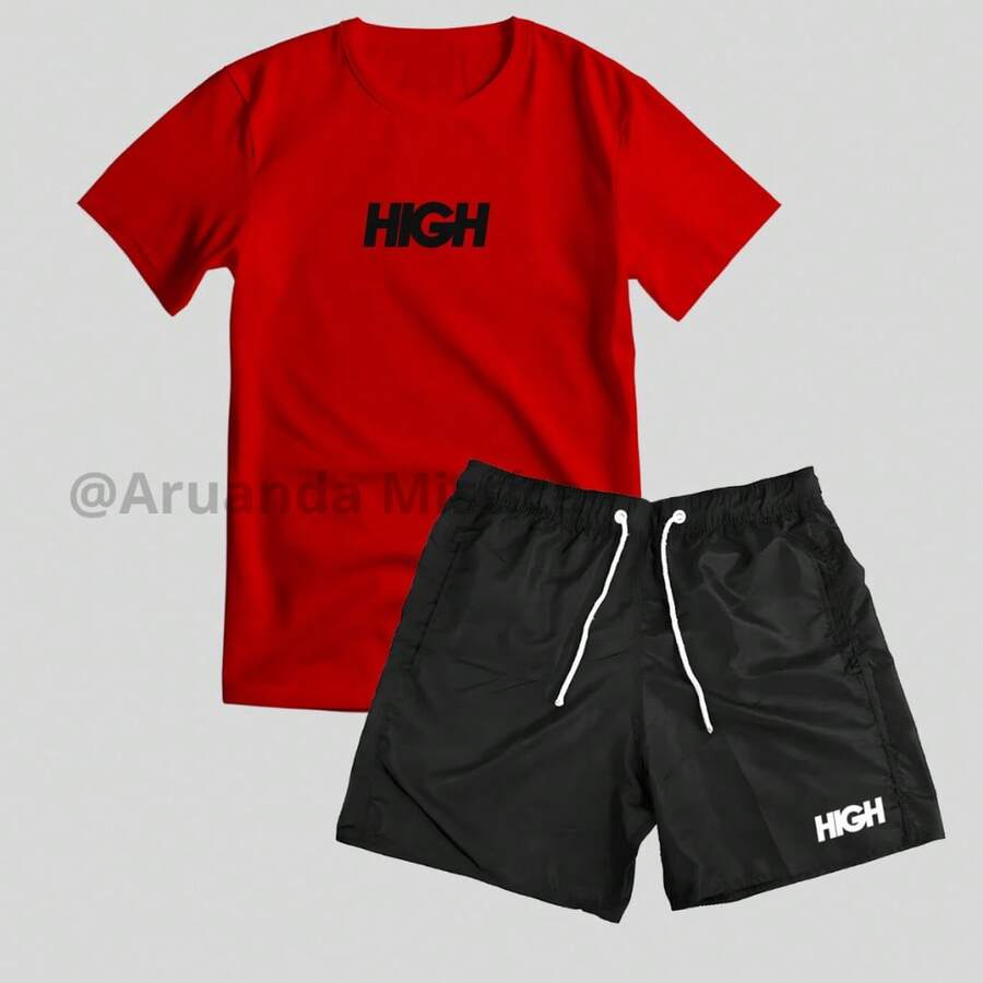 "Mauricinho" Outfit Set: 100% Cotton T-Shirt And Tactel Shorts. Immediate Shipping. - Đỏ + Đen - Xem 1