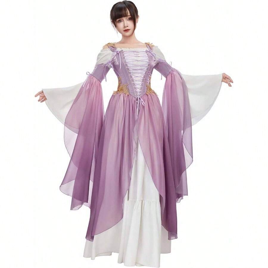 Renaissance Costume Women Ren Faire Dress Outer Garment Costume WomenUnderskirt Not Included - 漸層紫 + 大號 - 查看 1