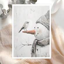 1张冬季主题雪人和鸟儿卡片，雪人圣诞卡片，独特圣诞卡片，圣诞礼物，送给特别的人的圣诞礼物 - 彩色 - 查看 1