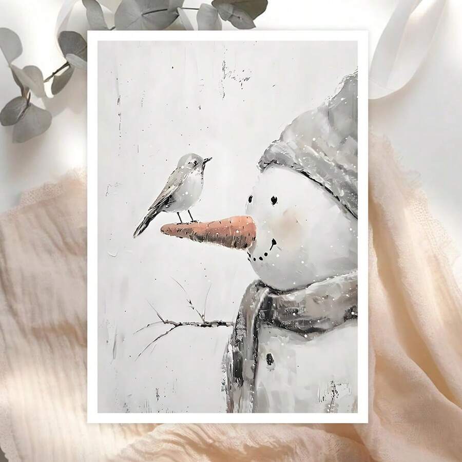 1张冬季主题雪人和鸟儿卡片，雪人圣诞卡片，独特圣诞卡片，圣诞礼物，送给特别的人的圣诞礼物 - 彩色 - 查看 1