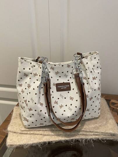 时尚大容量纯色毛绒单肩手提包，适合上学、旅行、购物、约会，女士礼物灯芯绒手提包，时尚链条单肩包，大容量毛绒手提包，书包，便携，大容量，轻便，适合青少年女孩、女性、大学生、中小学生、高中生、户外、旅行、郊游、工作、商务、通勤，饰有蝴蝶结和爱心图案