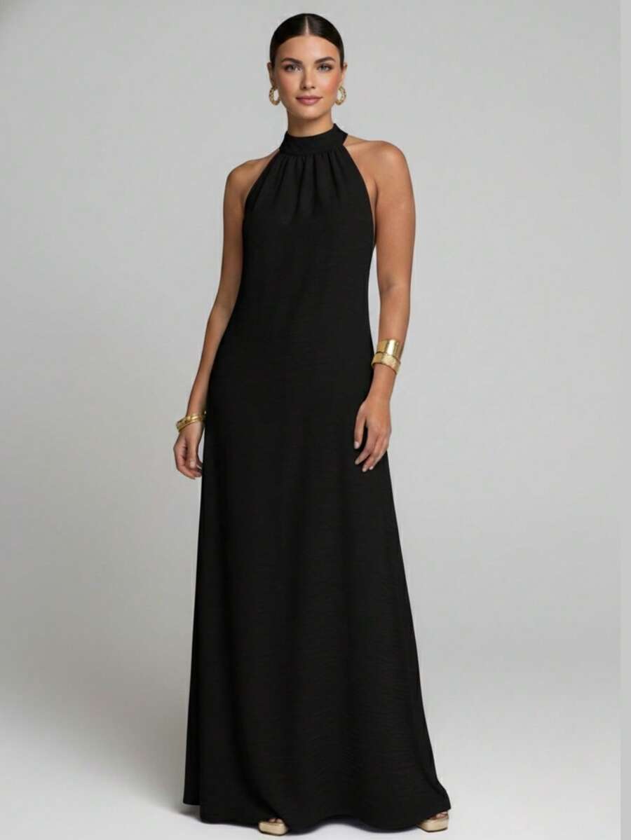 Women's Long Duna Dress Elegant Summer High Neck Tank Top Bare Back Bow - 黑色 - 查看 1