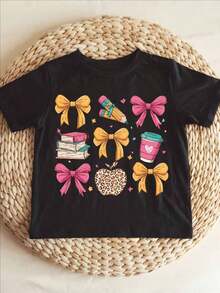 Kids' Pure Crew Neck T-Shirt - Adorable Back-To-School & Floral Print, Short Sleeve, Soft & Breathable - Machine Washable, Black - màu đen - Xem 6