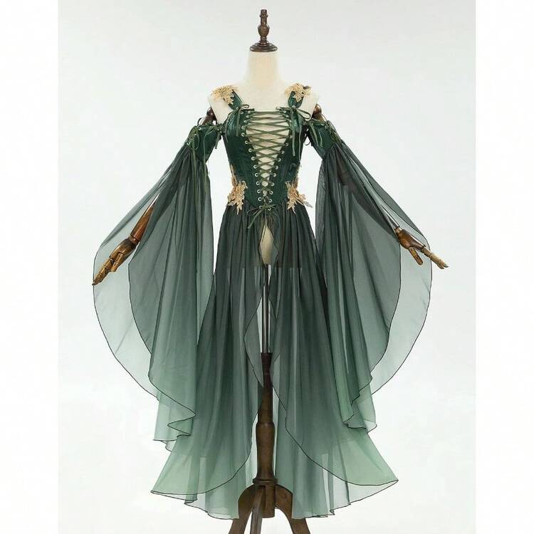 Disfraz de Renacimiento para mujer, vestido de feria renacentista, prenda exterior (falda interior no incluida) - Verde degradado + extragrande - Añade 7