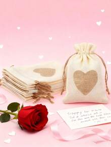 3/5pcs Linen Drawstring Bags, Linen Heart Print Drawstring Pouches, Small Linen Drawstring Jewelry Bags. Suitable For Weddings, Bridesmaids, Parties, Birthdays, Thanksgiving, Valentine's Day - Multicolor - View 4