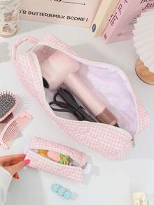 1 Peça/Conjunto Bolsa de Armazenamento Acolchoada com Estampa Xadrez Rosa para Ferramentas de Cabeleireiro, Bolsa de Armazenamento para Secador de Cabelo, Bolsa de Armazenamento para Ferros de Ondular, Suporte para Secador de Cabelo, Bolsa para Ferramentas de Cabelo, Bolsa para Presilhas de Cabelo, Organizador de Transporte para Ferramentas de Ondulação do Cabelo, Ferros de Ondular, Secador de Cabelo, Presilhas de Cabelo, Pente