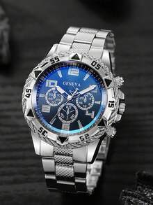2PCS Men's Silver Stainless Steel Band Fashion Round Dial Business Style Quartz Watch + Wallet, Daily Decoration Matching Or Holiday Gift - Black - View 3