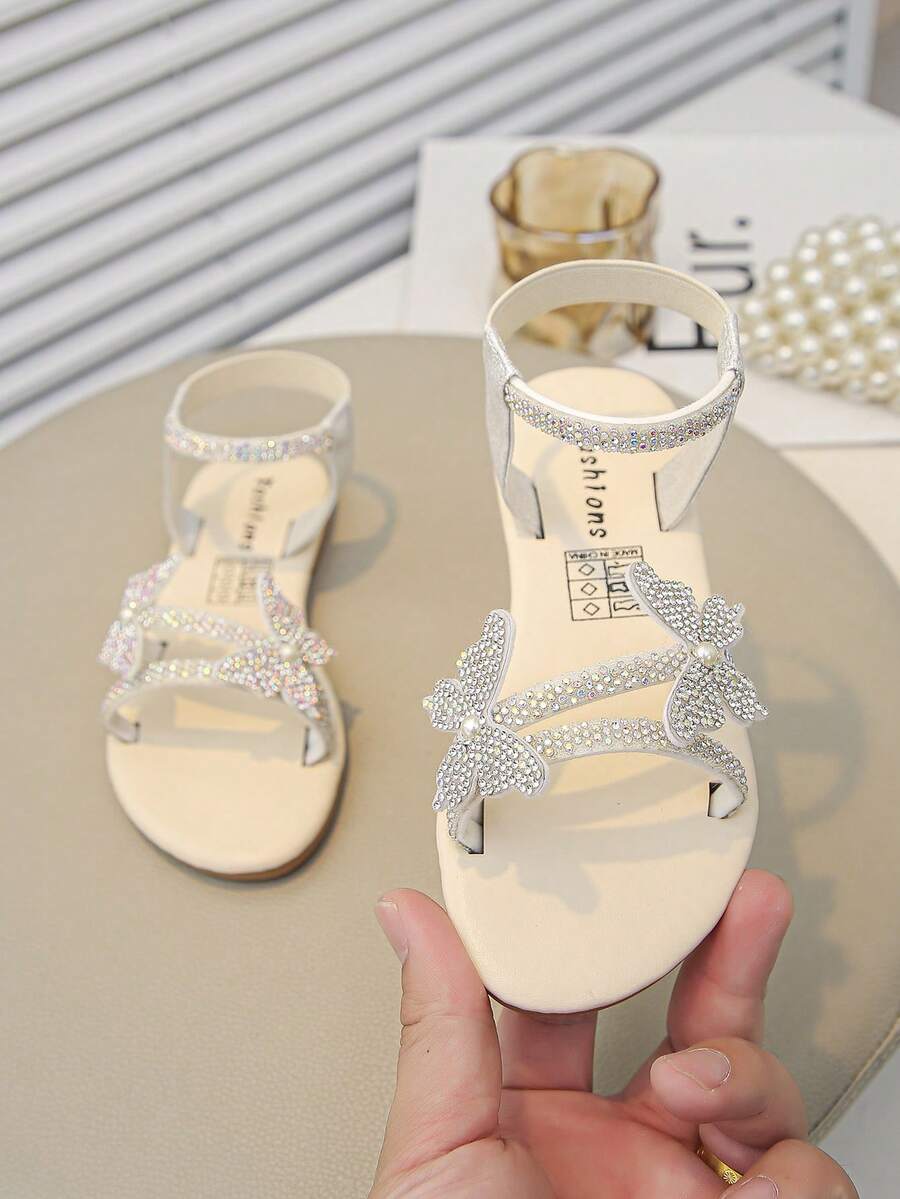 1 Pair Shiny Butterfly Studded Girl Summer Flat Sandals, Fairy Style, Perfect For Summer