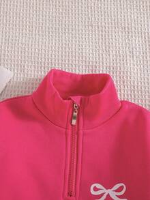 两件套少女休闲蝴蝶印花落肩圆领长袖卫衣长裤套装，保暖连帽衫和长裤，秋冬季 - 玫紅色 - 查看 3