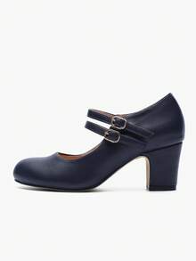 Autumn/Winter Wedding Casual Fashion High Heel Mary Jane T-Strap Shoes, Thick Heel Formal Dress Shoes, Velvet Work Pumps, Navy Blue Office Shoes, Outdoor Women's Shoes (Please Check Foot Length, Palm Circumference Parameters Before Purchasing) - 藍色 - 查看 5