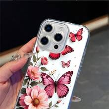 CLEAR  CASE Pink Butterflies And Flowers With A White BackgroundCompatible With  11 To  17 Models The Cases Lens Protection Function Ensures The Camera Remains Undamaged During Shooting  Guaranteeing Image Quality - Clear - View 3