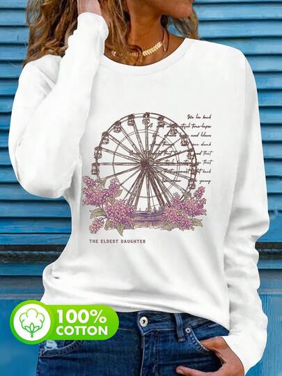 Women's White 100% Cotton Autumn Round Neck Simple Casual Everyday Top With A Dancer Print, Ferris Wheel Print Women's Top, Beautiful Lilac Print Women's Long-Sleeved T-Shirt, Elegant English Letter Print Long-Sleeved T-Shirt Top.