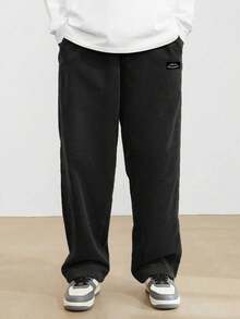 1pc Teens/Boys' Loose Casual Sports Solid Color Versatile Corduroy Straight Leg Pants - Black - View 3