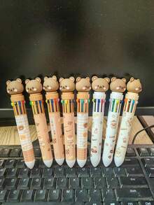 Cute Bear Ten-In-One Multi-Color Ballpoint Pen Set, Press-Type Retractable Pens, Plastic Material, No Batteries Required, With Assorted Colors For Ages 14+, Daily Planner Writing Instrument