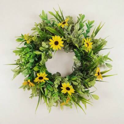 1pc, 40cm Artificial Yellow Chrysanthemum/Sunflower, Plastic Flower Wreath, Fake Plant Wreath, Suitable For Home, Garden, Wall, Door Hanging, Decoration For Holidays, Weddings, Parties