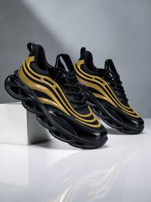 Men's Fashionable Solid Color Low-Top Sneakers - Non-Slip, Durable Casual Shoes With Comfortable Upper And Anti-Slip Outsole, Suitable For Casual Wear, Students And Teenagers - Black Gold - View 3