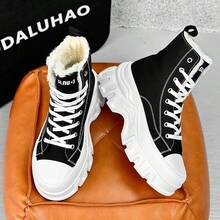 SLNU3 Brand Men's Fashion High-Top Thick-Sole Shoes, Comfortable Non-Slip Rubber Sole With Laces Flat Shoes, Thermal Lined Thick Winter Warm Boots, Suitable For Men's Outdoor Activities, Black Boots Couple Style,Fur Boots - Black and White - View 7