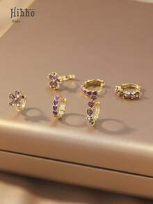 Hihho 6pcs Minimalist Sparkling Cubic Zirconia Inlaid 5-Petal Flower Pendant Earrings, Heart-Shaped Earrings, Purple Ombre Earrings Set, Luxury Jewelry Gift - Purple - View 2